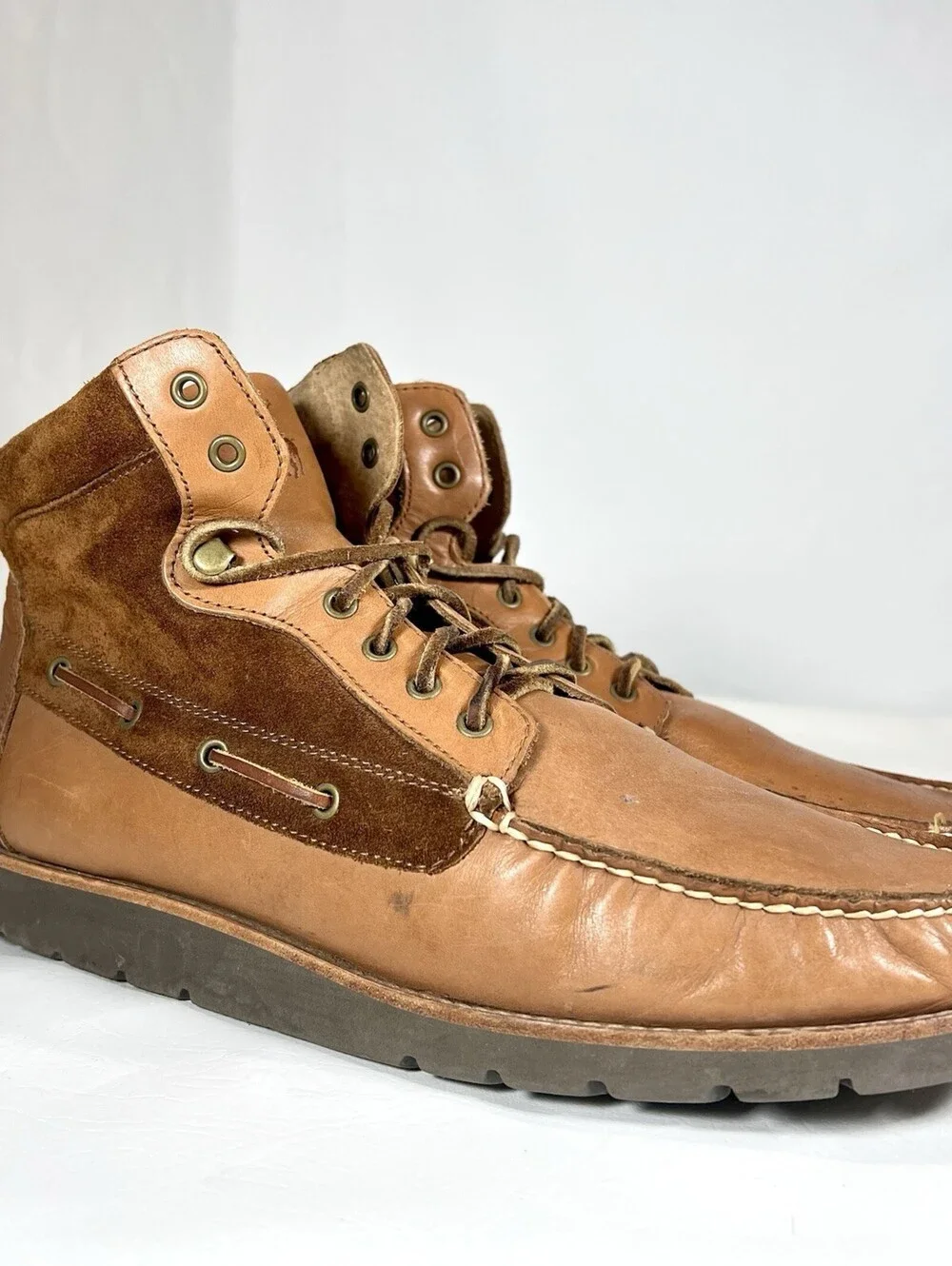 Polo Ralph Lauren Salisbury Mens 12 D Leather Suede Moc Toe Boots Tan Brown